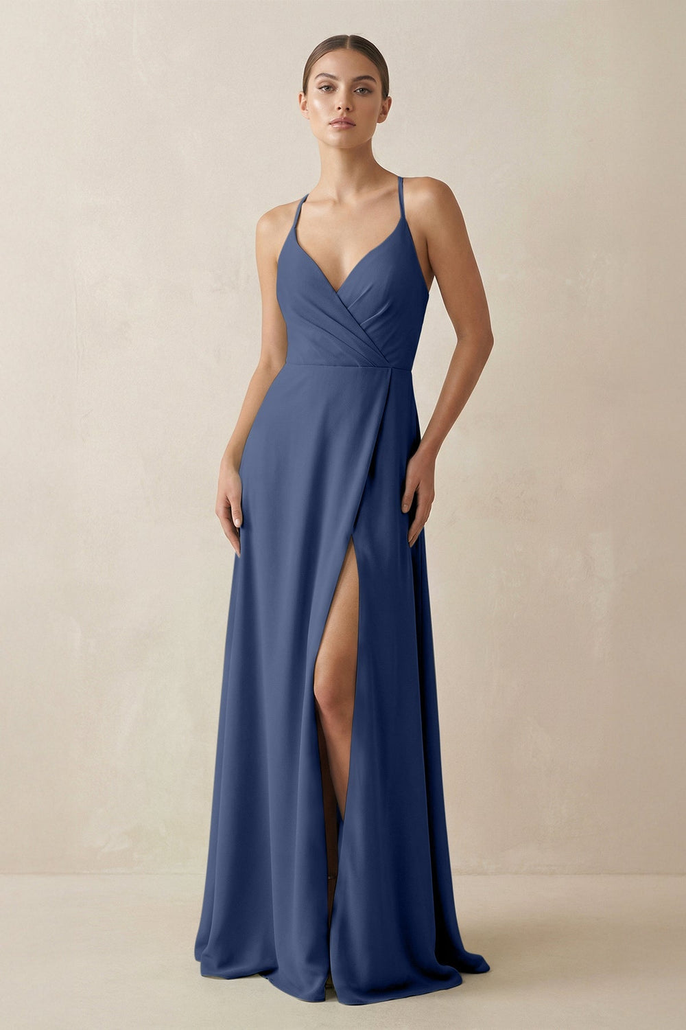 A - Line Chiffon Long Bridesmaid Dress With Slit in Navy - KissProm