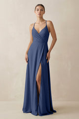 A - Line Chiffon Long Bridesmaid Dress With Slit in Navy - KissProm