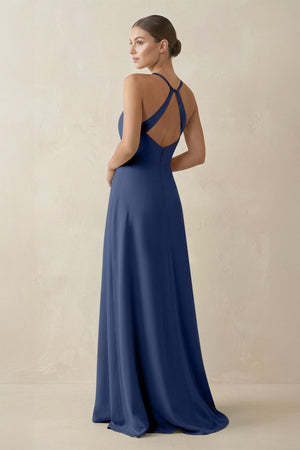 A - Line Chiffon Long Bridesmaid Dress With Slit in Navy - KissProm