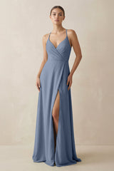A - Line Chiffon Long Bridesmaid Dress With Slit in Neptune - KissProm
