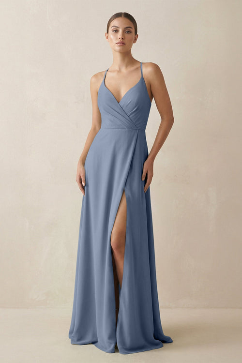 A - Line Chiffon Long Bridesmaid Dress With Slit in Neptune - KissProm