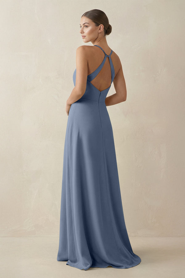 A - Line Chiffon Long Bridesmaid Dress With Slit in Neptune - KissProm