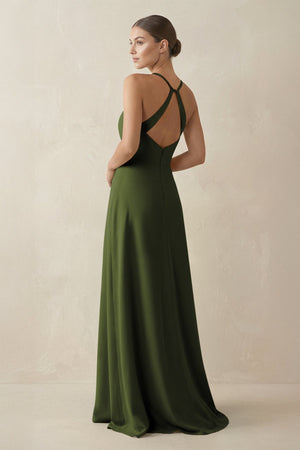 A - Line Chiffon Long Bridesmaid Dress With Slit in Olive - KissProm