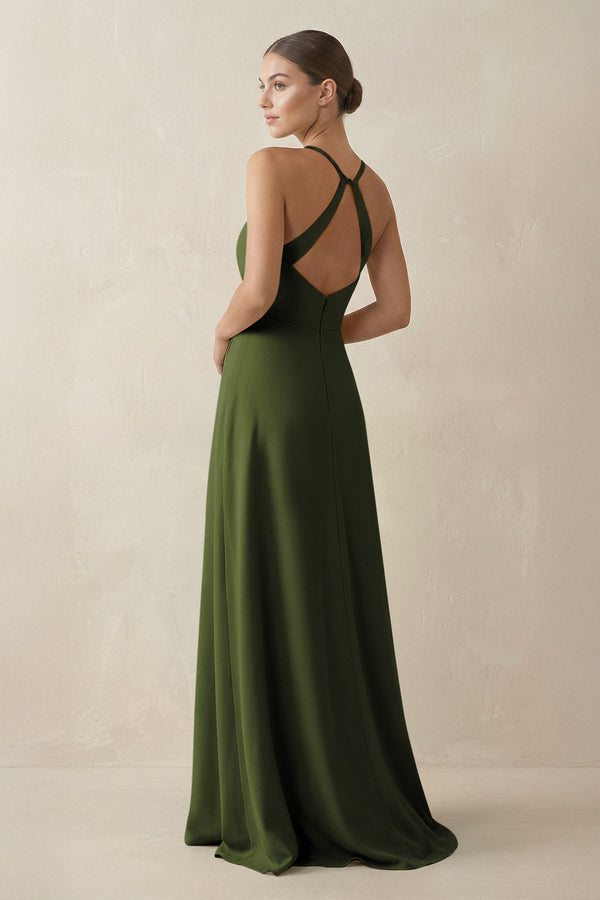A - Line Chiffon Long Bridesmaid Dress With Slit in Olive - KissProm