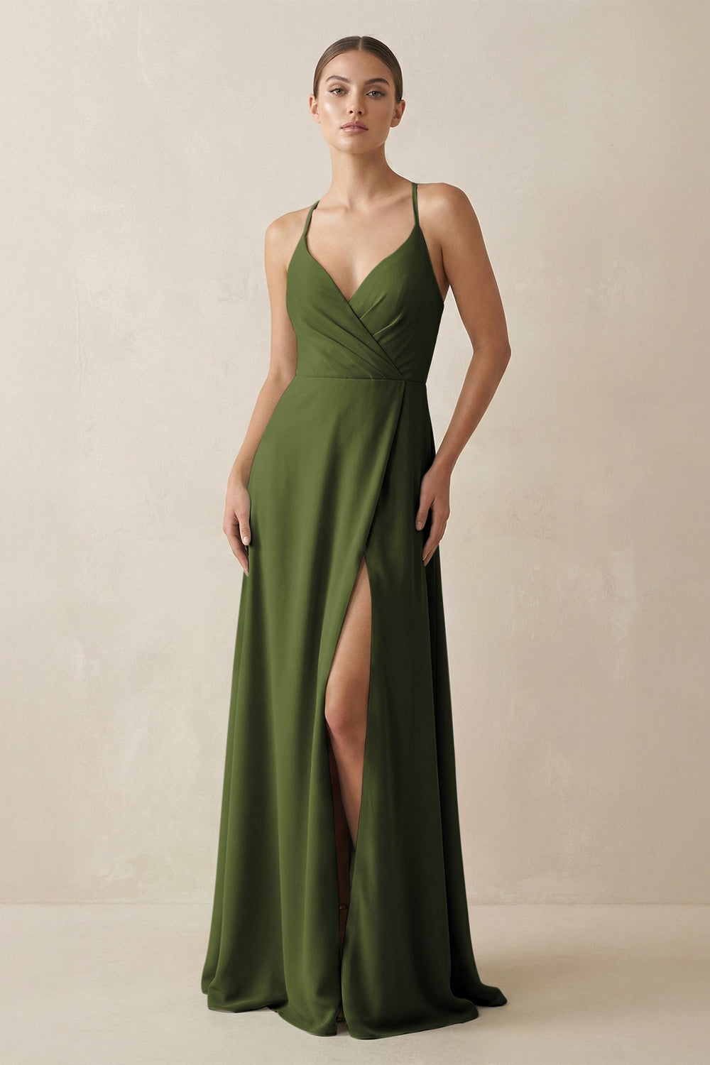 A - Line Chiffon Long Bridesmaid Dress With Slit in Olive - KissProm