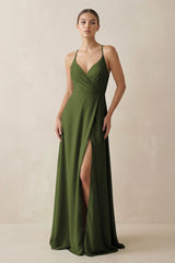 A - Line Chiffon Long Bridesmaid Dress With Slit in Olive - KissProm