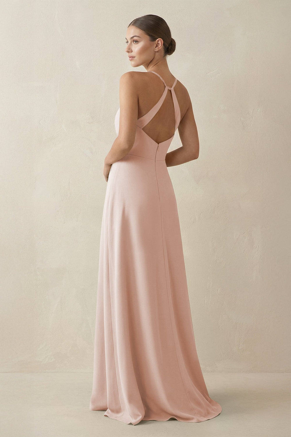A - Line Chiffon Long Bridesmaid Dress With Slit in Pale Blush - KissProm