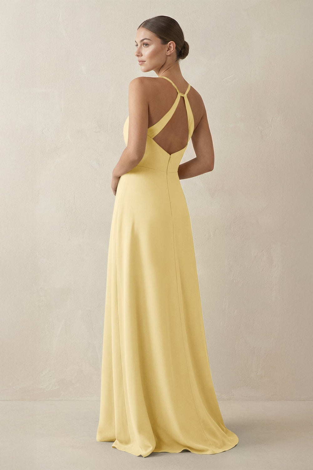 A - Line Chiffon Long Bridesmaid Dress With Slit in Pastel Yellow - KissProm