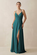 A - Line Chiffon Long Bridesmaid Dress With Slit in Pine - KissProm