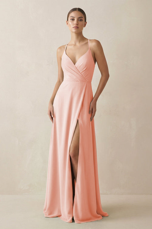 KissProm A-Line Chiffon Long Bridesmaid Dress With Slit in Rose Petal, Rose Petal / 14