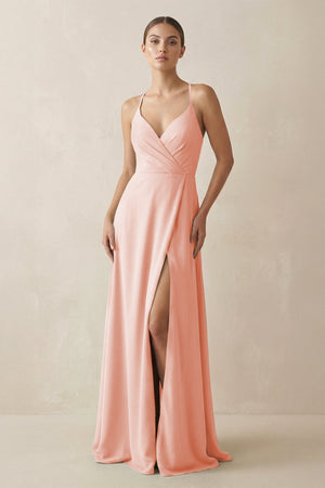 A - Line Chiffon Long Bridesmaid Dress With Slit in Rose Petal - KissProm