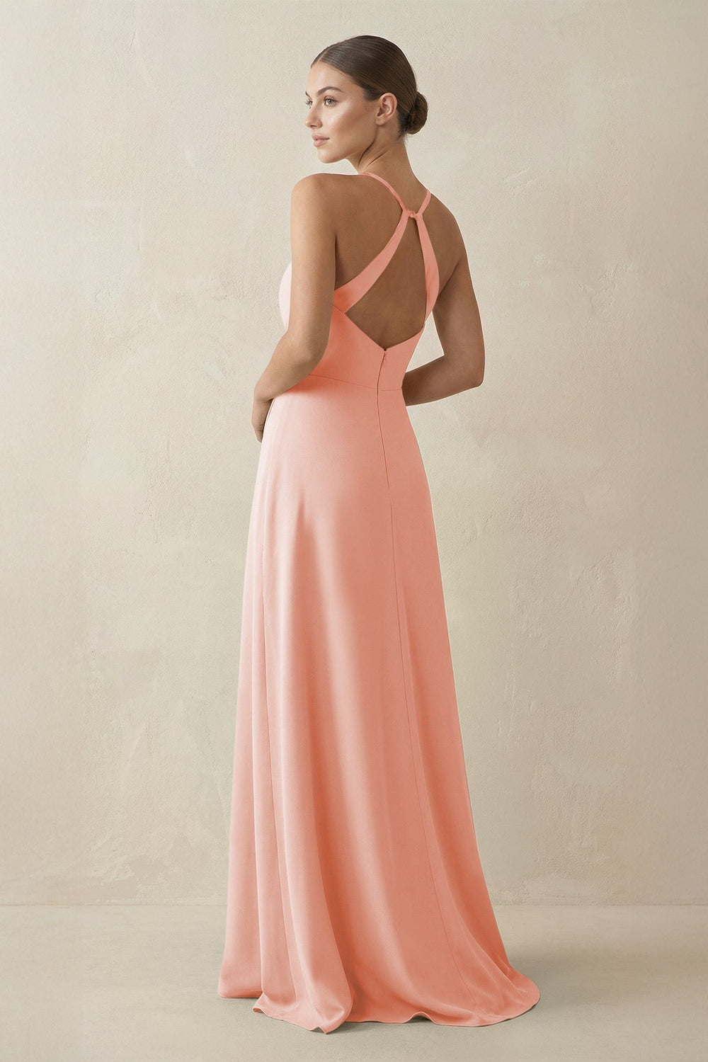 A - Line Chiffon Long Bridesmaid Dress With Slit in Rose Petal - KissProm