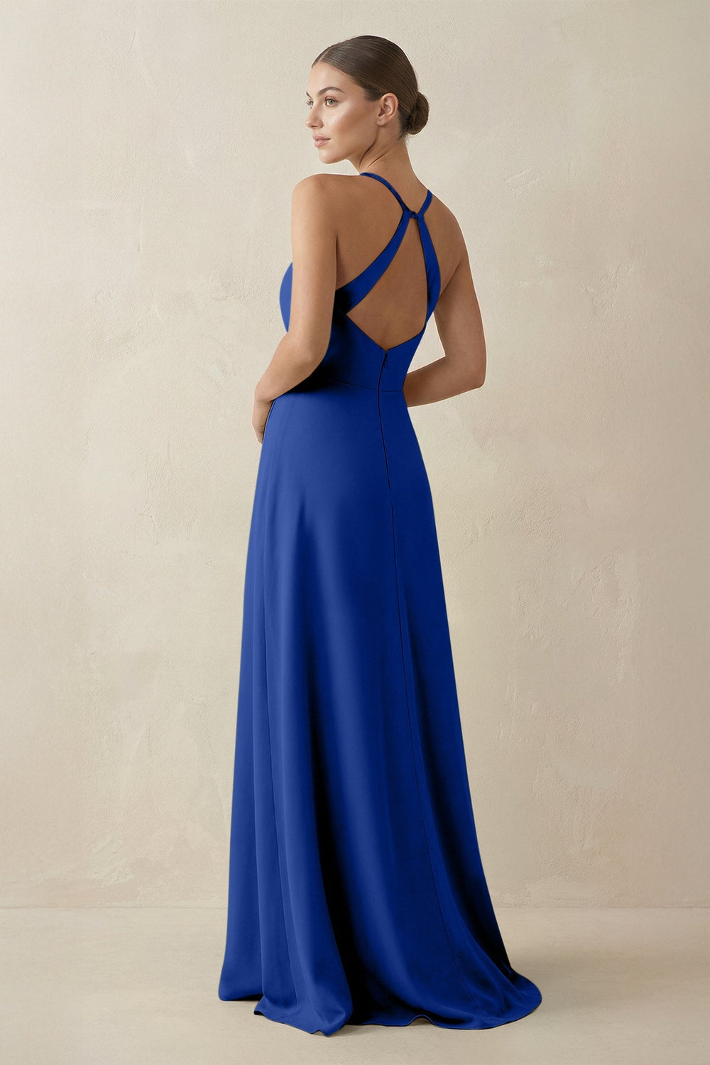 A - Line Chiffon Long Bridesmaid Dress With Slit in Royal Blue - KissProm