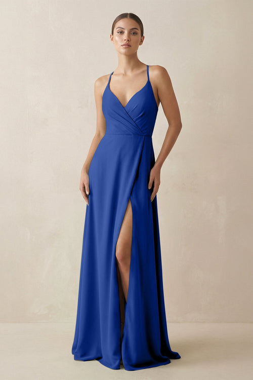 KissProm A-Line Chiffon Long Bridesmaid Dress With Slit in Royal Blue, Royal Blue / 0