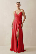 A - Line Chiffon Long Bridesmaid Dress With Slit in Ruby Red - KissProm