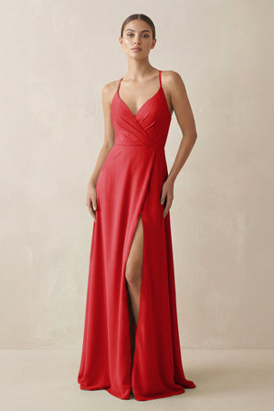 A - Line Chiffon Long Bridesmaid Dress With Slit in Ruby Red - KissProm
