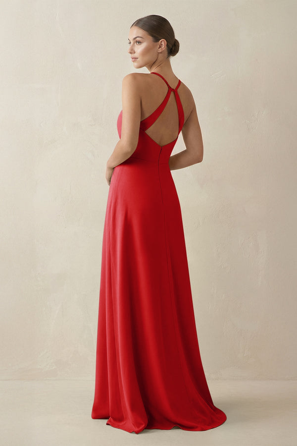 A - Line Chiffon Long Bridesmaid Dress With Slit in Ruby Red - KissProm