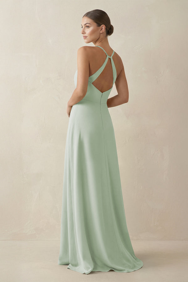 A - Line Chiffon Long Bridesmaid Dress With Slit in Sage - KissProm
