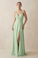 A - Line Chiffon Long Bridesmaid Dress With Slit in Sage - KissProm