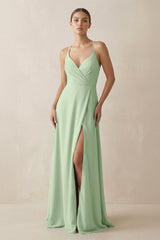 A - Line Chiffon Long Bridesmaid Dress With Slit in Sage - KissProm