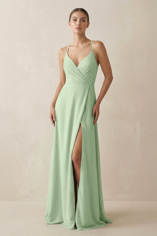 A - Line Chiffon Long Bridesmaid Dress With Slit in Sage - KissProm