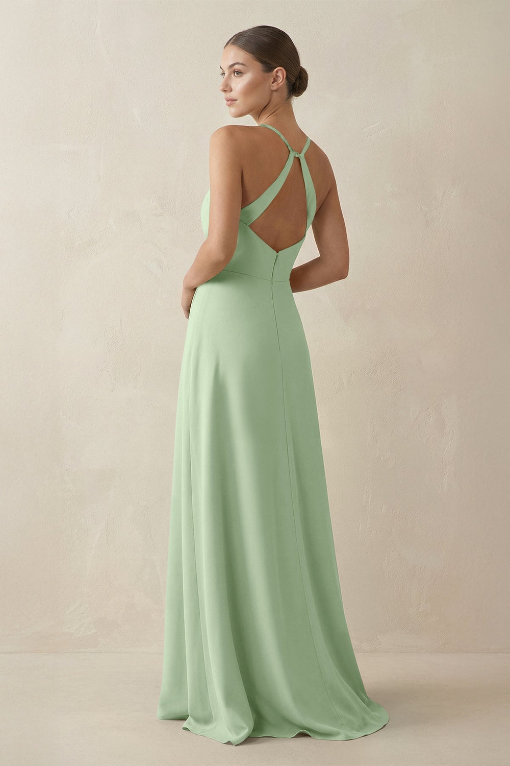 A - Line Chiffon Long Bridesmaid Dress With Slit in Sage - KissProm