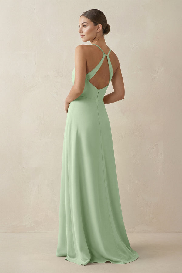 A - Line Chiffon Long Bridesmaid Dress With Slit in Sage - KissProm
