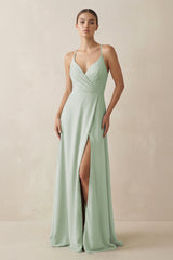A - Line Chiffon Long Bridesmaid Dress With Slit in Sage - KissProm