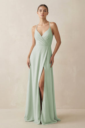 A - Line Chiffon Long Bridesmaid Dress With Slit in Sage - KissProm