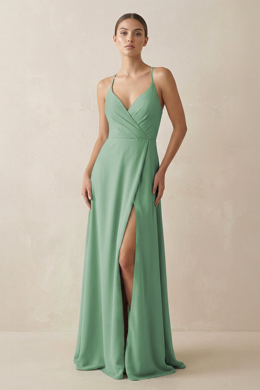 A - Line Chiffon Long Bridesmaid Dress With Slit in Sea Glass - KissProm