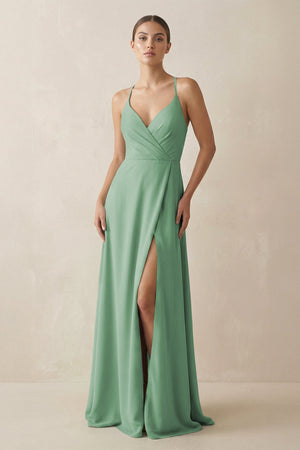 A - Line Chiffon Long Bridesmaid Dress With Slit in Sea Glass - KissProm