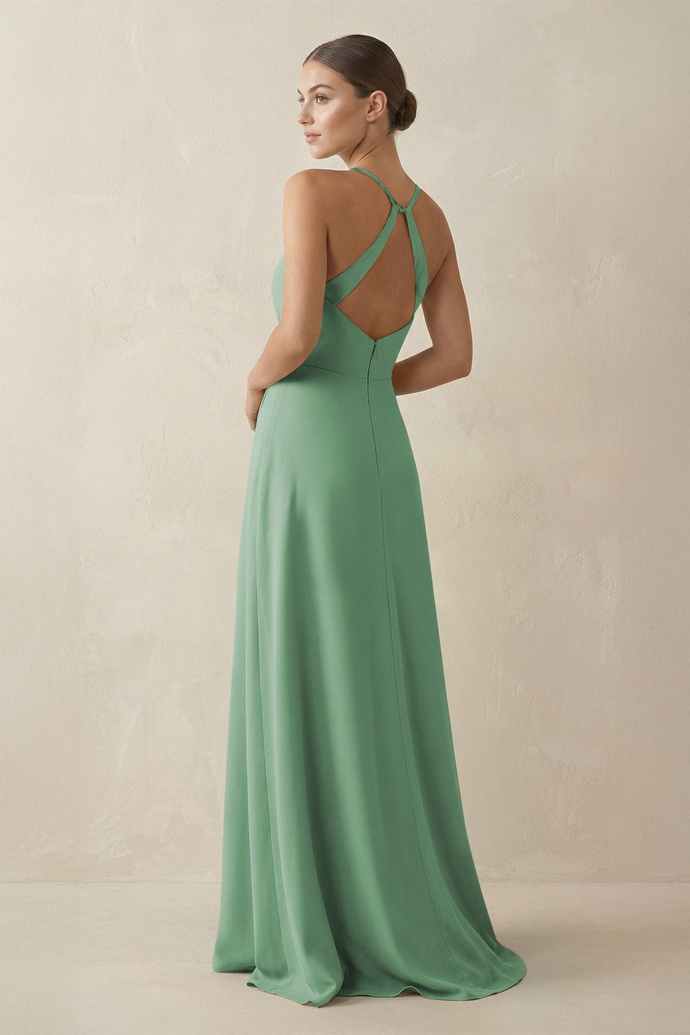 A - Line Chiffon Long Bridesmaid Dress With Slit in Sea Glass - KissProm