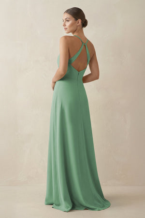 A - Line Chiffon Long Bridesmaid Dress With Slit in Sea Glass - KissProm