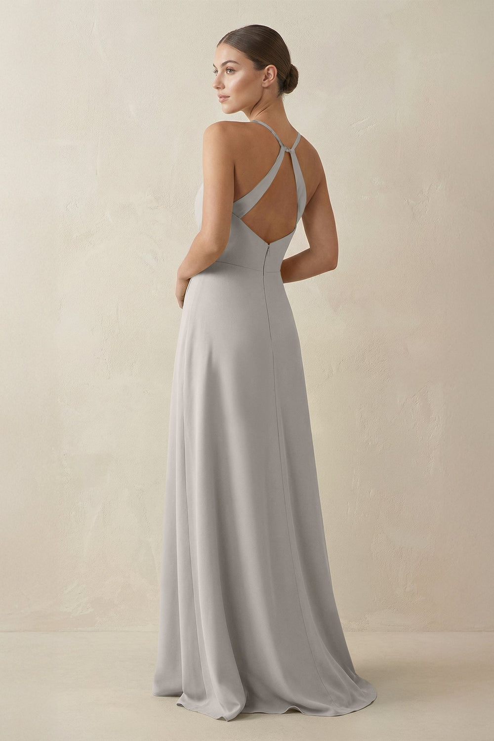 A - Line Chiffon Long Bridesmaid Dress With Slit in Silver - KissProm