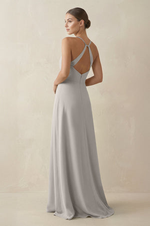 A - Line Chiffon Long Bridesmaid Dress With Slit in Silver - KissProm