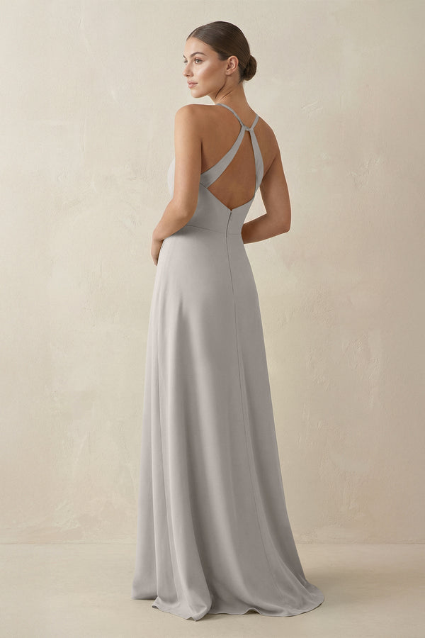 A - Line Chiffon Long Bridesmaid Dress With Slit in Silver - KissProm