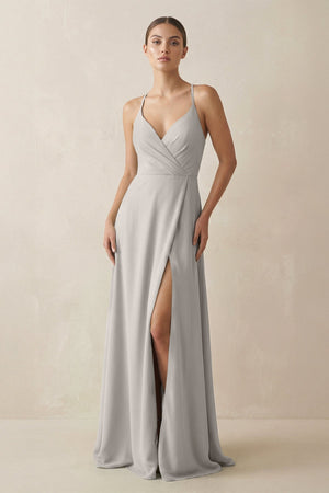 A - Line Chiffon Long Bridesmaid Dress With Slit in Silver - KissProm
