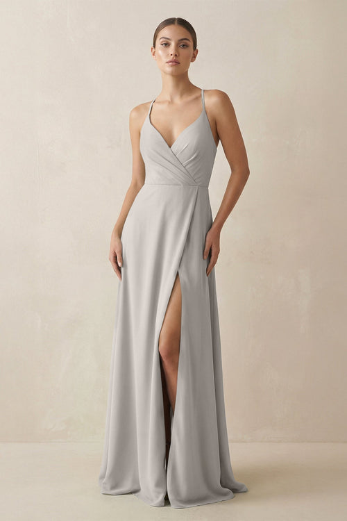 A - Line Chiffon Long Bridesmaid Dress With Slit in Silver - KissProm