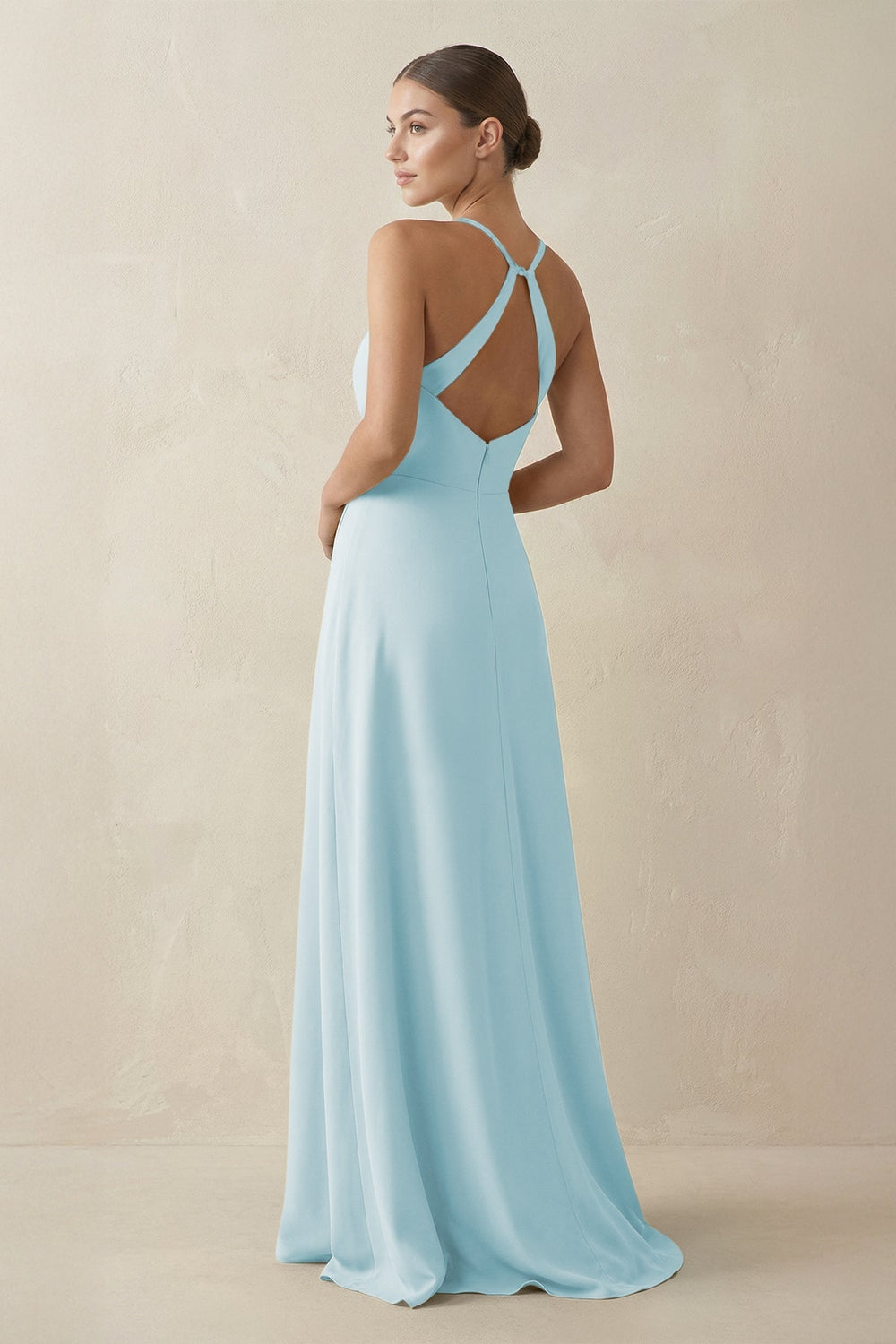 A - Line Chiffon Long Bridesmaid Dress With Slit in Sky Blue - KissProm