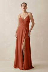 A - Line Chiffon Long Bridesmaid Dress With Slit in Spice - KissProm