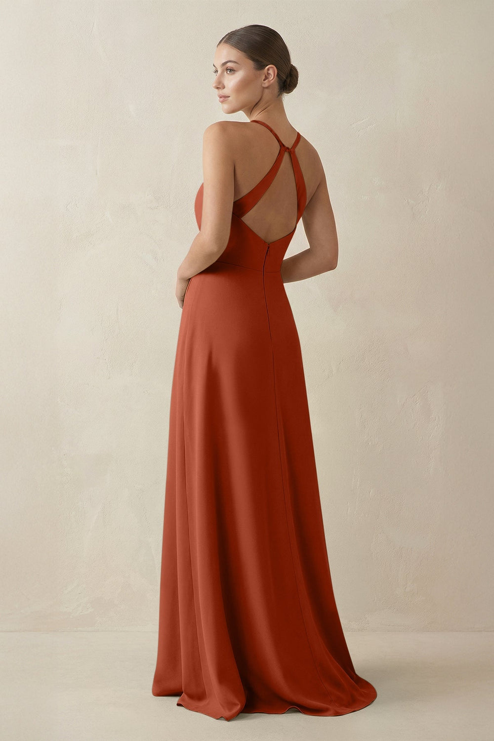 A - Line Chiffon Long Bridesmaid Dress With Slit in Spice - KissProm