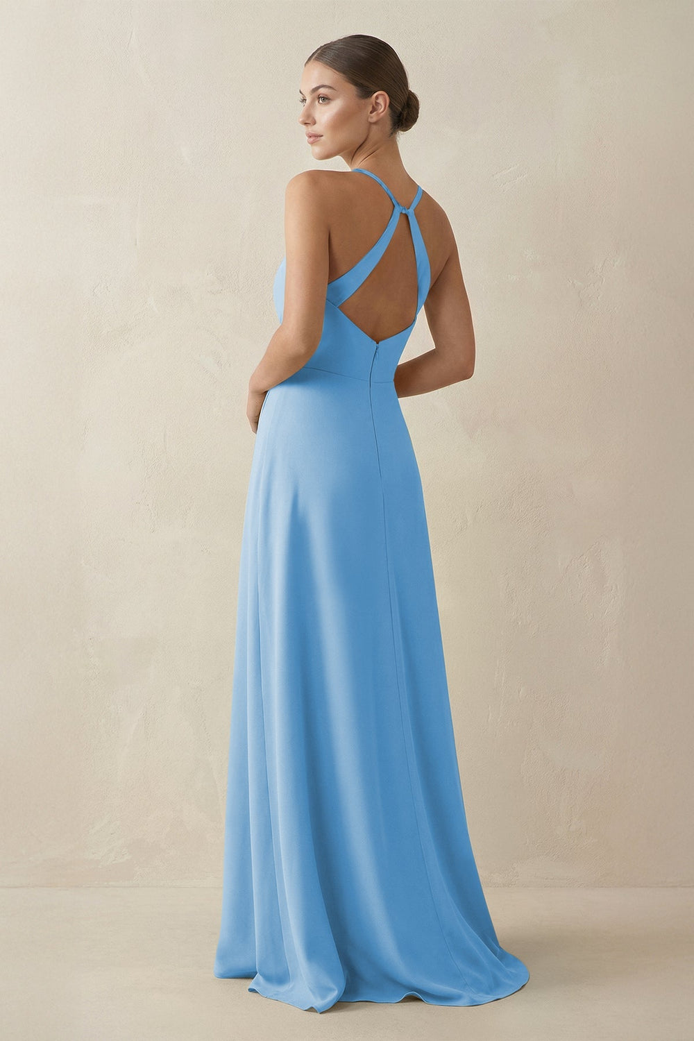 A - Line Chiffon Long Bridesmaid Dress With Slit in Steel Blue - KissProm