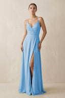 A - Line Chiffon Long Bridesmaid Dress With Slit in Steel Blue - KissProm
