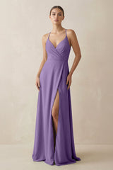 A - Line Chiffon Long Bridesmaid Dress With Slit in Tahiti - KissProm