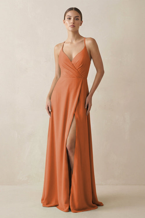 A-Line Chiffon Long Bridesmaid Dress With Slit in Terracotta, Terracotta / Custom Size( Free ) A-Line Chiffon Long Bridesmaid Dress With Slit in Terracotta, Terracotta / Custom Size( Free )