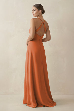 A - Line Chiffon Long Bridesmaid Dress With Slit in Terracotta - KissProm