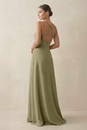 A - Line Chiffon Long Bridesmaid Dress With Slit in Thyme - KissProm