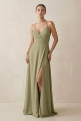 A - Line Chiffon Long Bridesmaid Dress With Slit in Thyme - KissProm