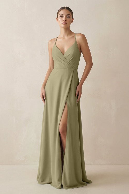 A - Line Chiffon Long Bridesmaid Dress With Slit in Thyme - KissProm