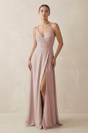 A - Line Chiffon Long Bridesmaid Dress With Slit in Toffee - KissProm